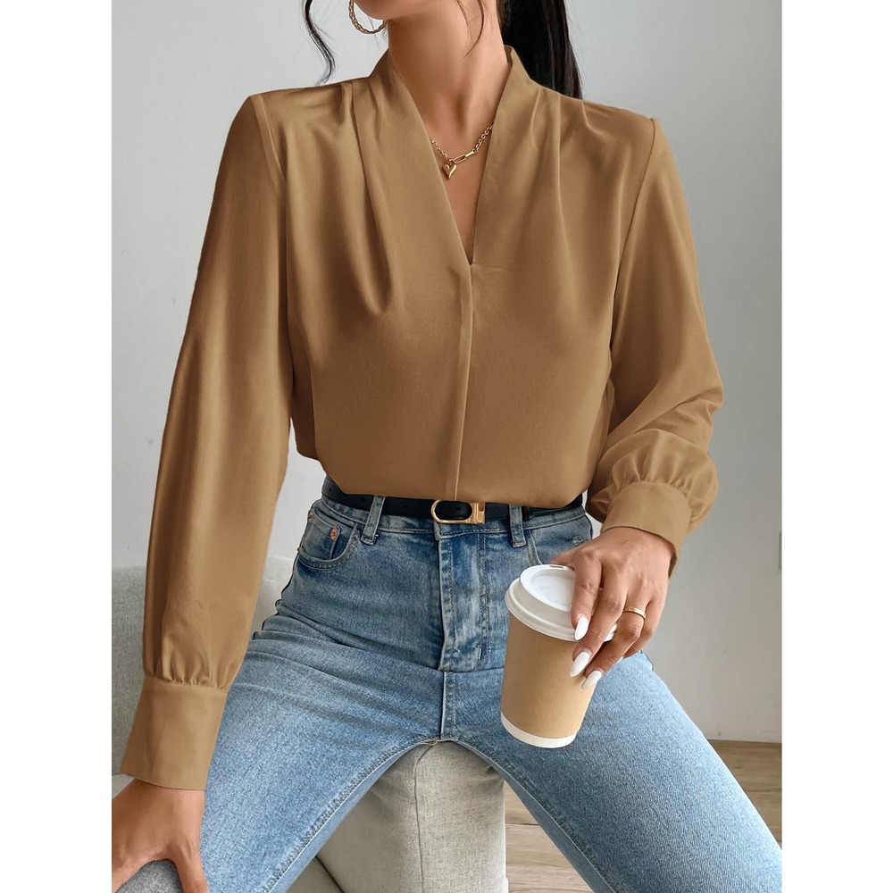 Long sleeve draped v neck Solid Bishop Sleeve Blouse brown - Picture 3 of 8